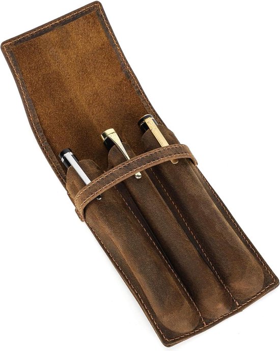 Greenburry Vintage Pennenetui Van Leer – 19,5 Cm – Met Ritsvak En Lederen Bandsluiting