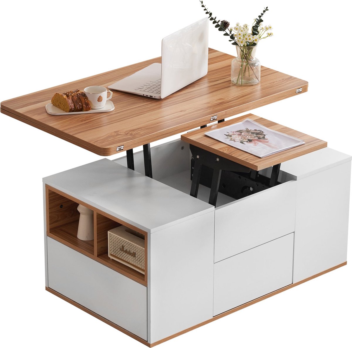Merax Verstelbare Salontafel - Bijzettafel met Opbergruimte - Wit met Houtkleur Bruin