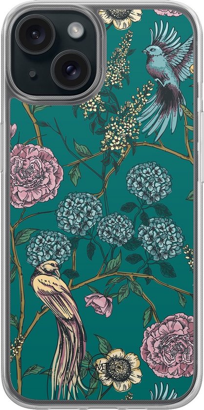 Coque transparente avec un fond vert, imprimée de fleurs japonaises et de deux oiseaux.