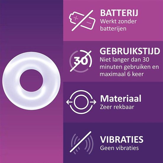 Durex Pleasure Ring informatie: werkt zonder batterijen, 30 min gebruik, rekbaar materiaal, geen vibraties.