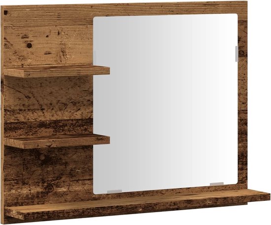 Wandspiegelkast met spiegel en 3 planken in donker, verweerd houtmotief.