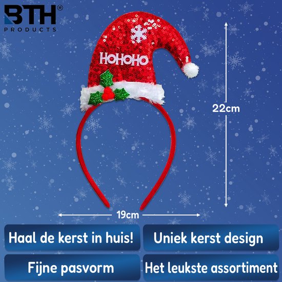 Een rode kerstmuts diadeem, versierd met glitters, 'HO HO HO', een sneeuwvlok en hulst. Afmetingen 22x19cm.