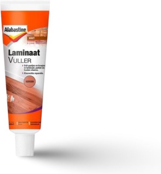 Tube Alabastine Laminaatvuller in kersenkleur. Tekst: Alabastine, HOUT, Laminaat VULLER, KERSEN.