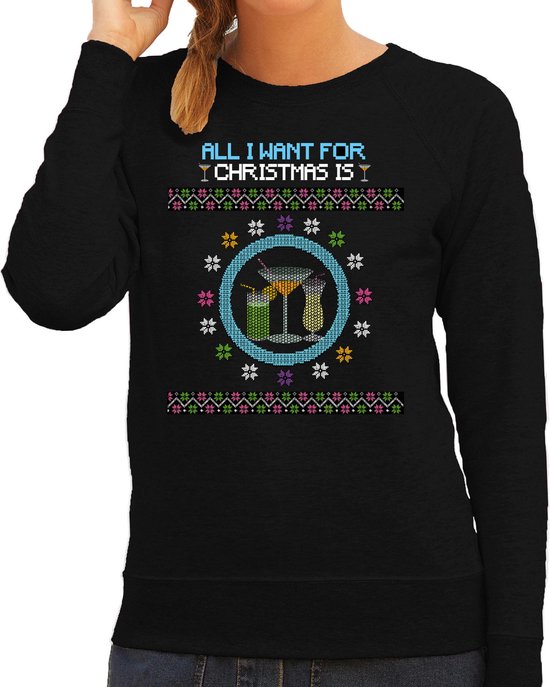 Bellatio Decorations Foute Kersttrui/sweater voor dames - All I want is Cocktails - zwart - kerst cadeau S