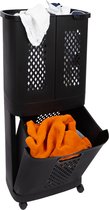 Eleganca Wasmand 3 vakken- XL Formaat 80 Liter – Wassorteerder – Kunststof – D31 x B45 x H90 cm – Afneembare manden - Wasmand op Wielen - Ruimtebesparend - Zwart