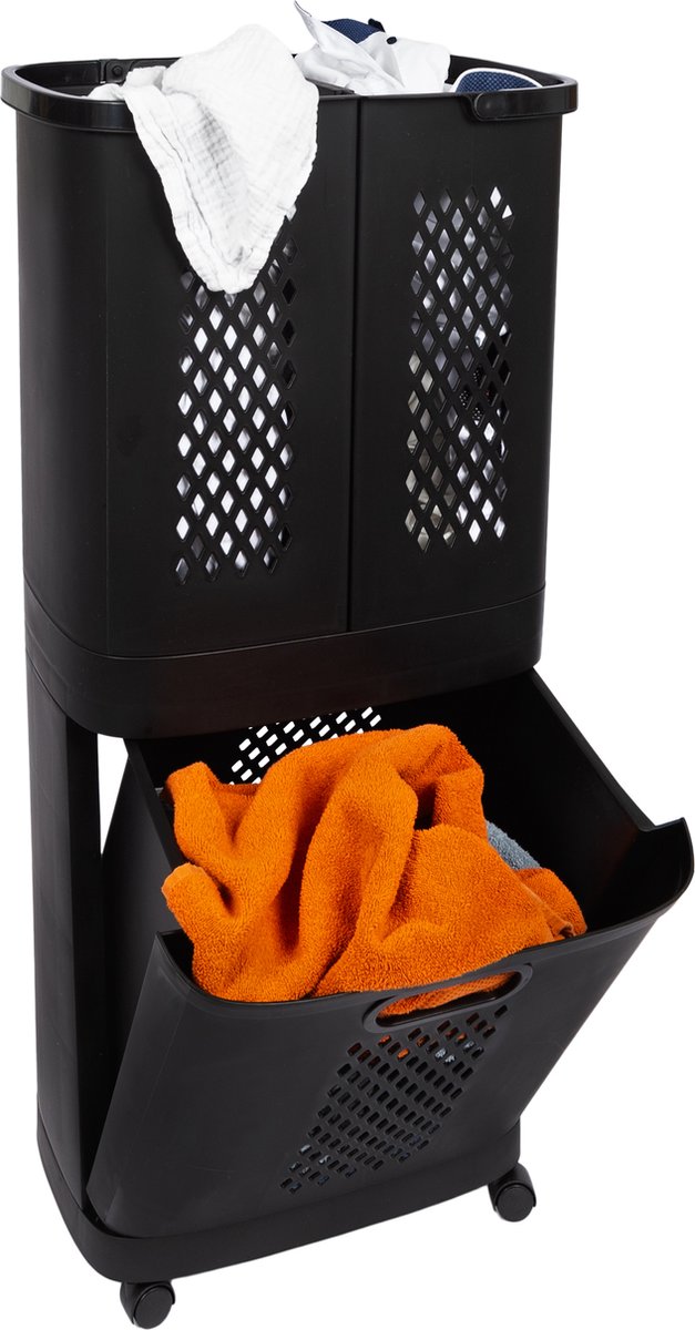 Goedkoopste Eleganca Wasmand 3 vakken- XL Formaat 80 Liter – Wassorteerder – Kunststof – D31 x B45 x H90 cm – Afneembare manden - Wasmand op Wielen - Ruimtebesparend - Zwart