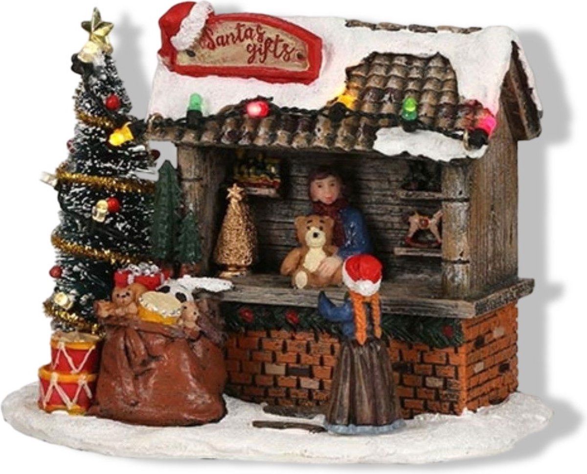 Luville Kerstdorp Miniatuur Santa's Gifts Cadeaukraam - Kerstversiering met Verlichting - Kerst Decoratie voor Binnen - Werkt op Batterijen of Adapter - L14 x B9 x H11 cm - Meerkleurig – foto 8