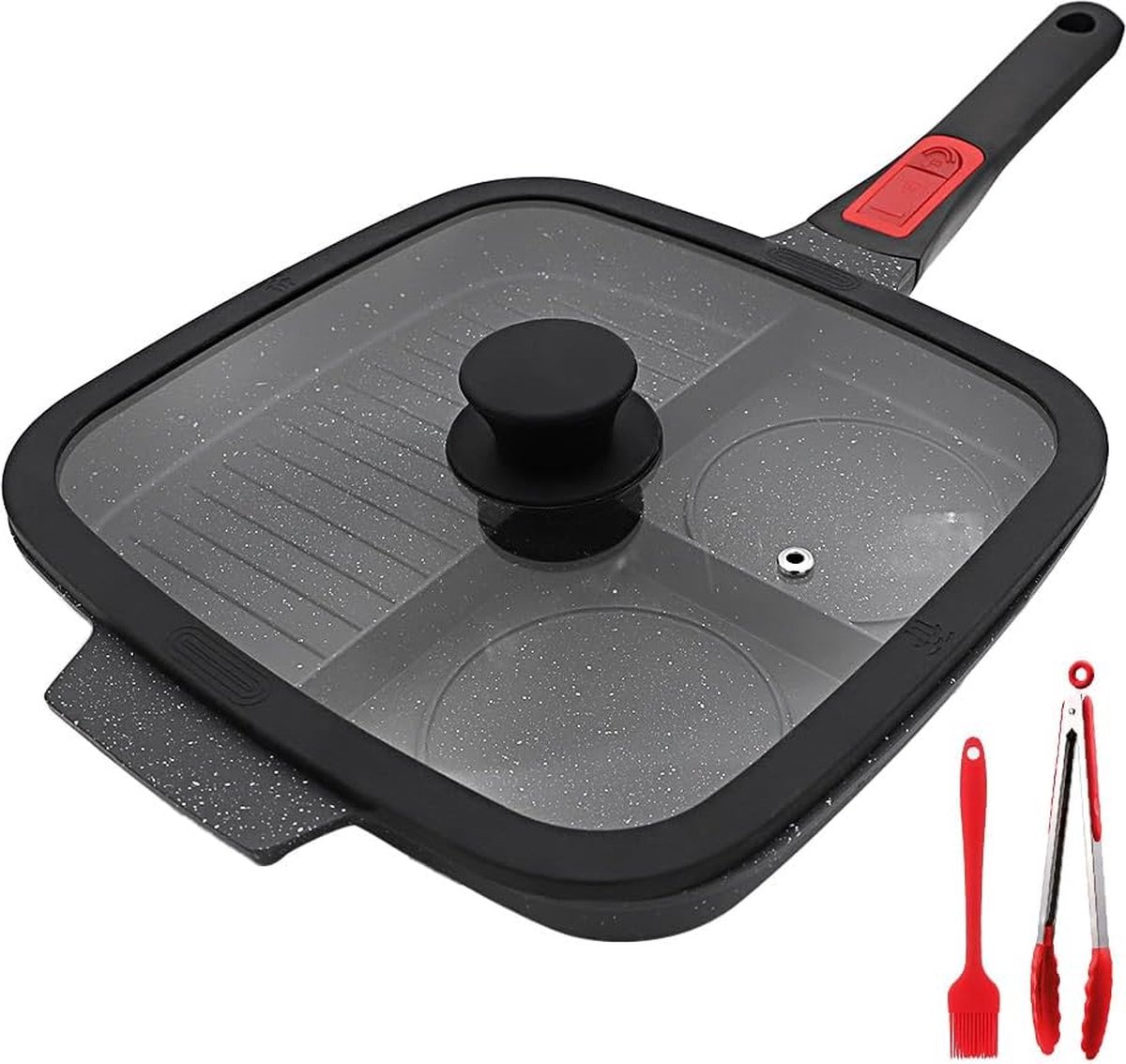 Multi grillpan met deksel en afneembare handgreep, steakpan, inductie, 3-in-1, zwart
