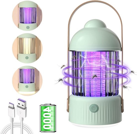 URAQT Elektrische Insectenverdelger – 2-in-1 Muggenlamp Met Nachtlicht – 5W, 2000V – Oplaadbaar (1200 MAh) – USB – Voor Binnen En Buiten – Groen
