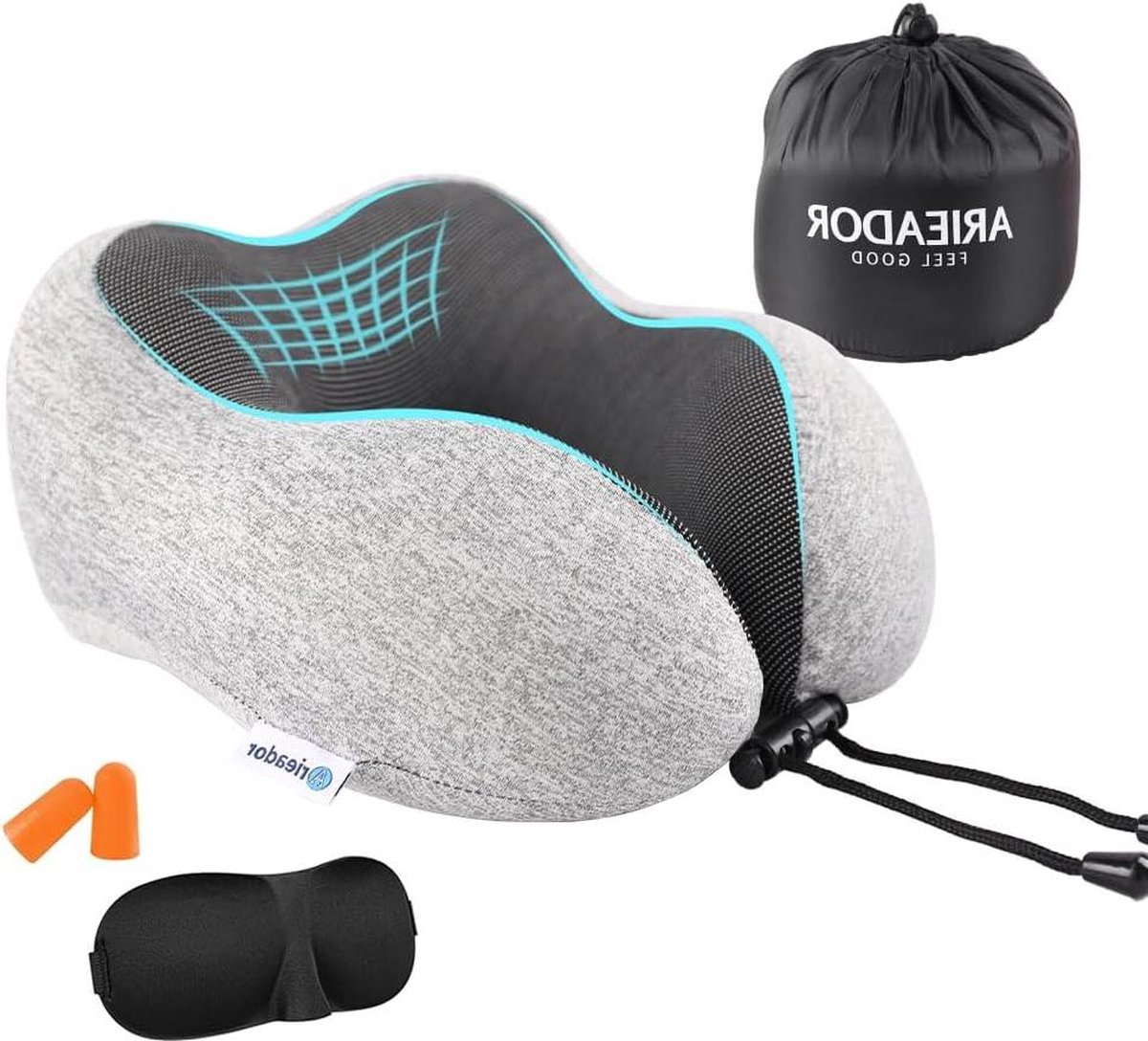Ergonomisch traagschuim nekkussen met slaapmasker, oordopjes en tas - verstelbaar U-vormig reiskussen voor volwassenen - ideaal voor vliegtuig en auto (lichtgrijs)