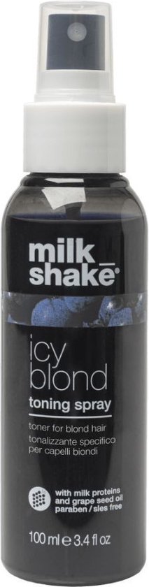 Milk Shake Icy Blonde Toning Spray: flacon pulvérisateur avec myrtilles et texte pour spray de tonification des cheveux blonds, 100 ml.