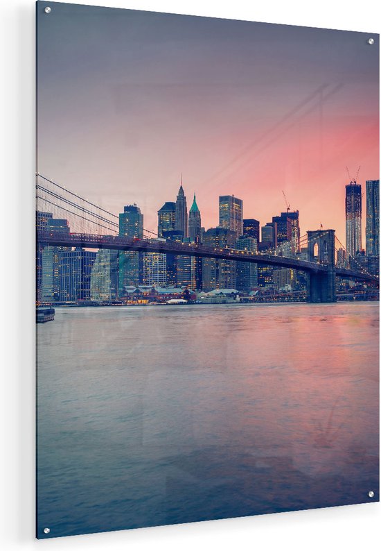 Artaza Glasschilderij - New York Brooklyn Brug Bij Zonsondergang - 80x100 - Groot - Plexiglas Schilderij - Foto op Glas