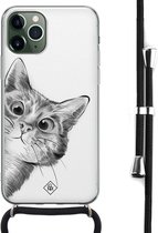 iPhone 11 Pro hoesje met koord - Kiekeboe kat | Apple iPhone 11 Pro crossbody case | Zwart, Transparant | Marmer