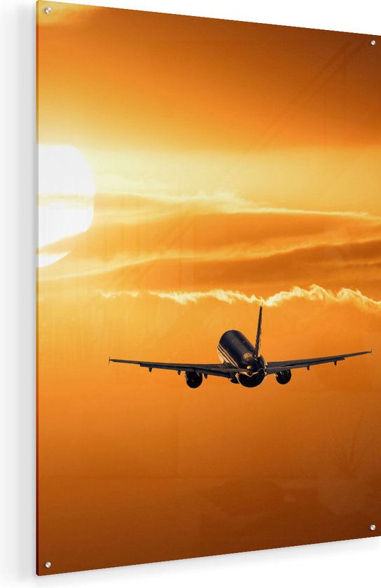 Artaza Glasschilderij - Vliegtuig Bij Zonsondergang - 60x80 - Plexiglas Schilderij - Foto op Glas