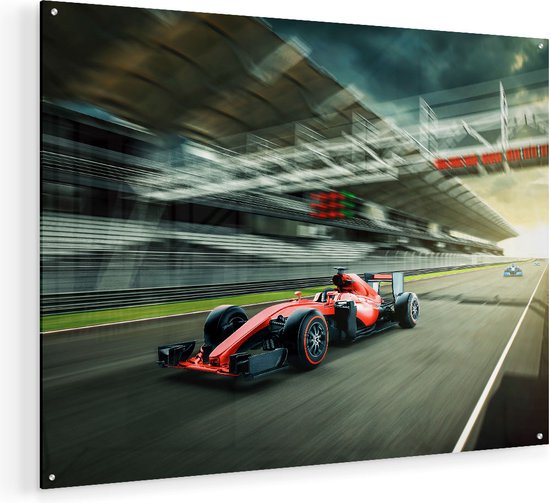 Artaza Glasschilderij - Formule 1 Auto bij de Finish in het Rood - 80x60 - Plexiglas Schilderij - Foto op Glas