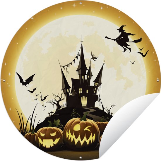 Tuincirkel Een illustratie van een heks die over een kasteel vliegt tijdens Halloween - 60x60 cm - Ronde Tuinposter - Buiten