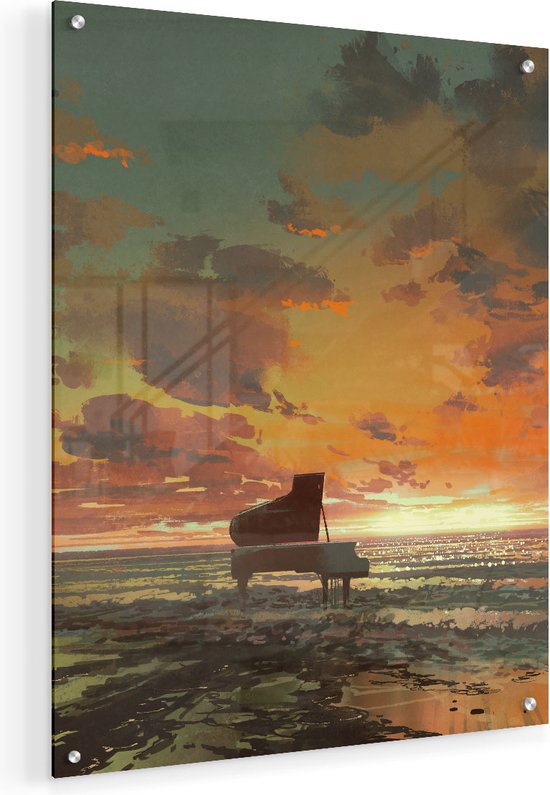 Artaza Glasschilderij - Piano op het Strand bij Zonsondergang - 40x50 - Plexiglas Schilderij - Foto op Glas