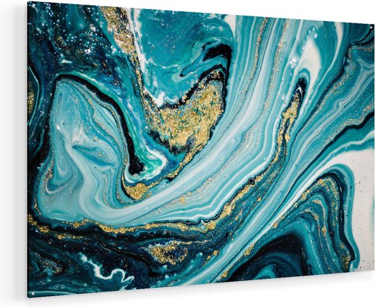 Artaza Glasschilderij - Abstracte Luxe Kunst in het Blauw met Goud - 135x90 - Groot - Plexiglas Schilderij - Foto op Glas
