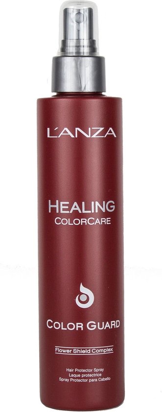 Rode fles L'ANZA HEALING COLORCARE COLOR GUARD met zilveren pompverstuiver.
