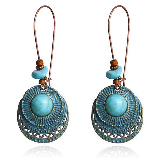 Pendentifs boucles d'oreilles dames bleues rondes avec pierre turquoise