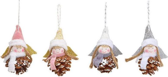 Viv! Christmas Kerstornament - Engeltjes van Stof met Dennenappel - set van 4 - zilver goud wit roze - 10cm