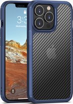 iPhone 13 Pro Max Hoesje met Carbon Look - Shockproof Valbescherming - Schokbestendige case voor iPhone 13 Pro Max - Mobiq Tough Carbon Grid iPhone 13 Pro Max Hoesje blauw