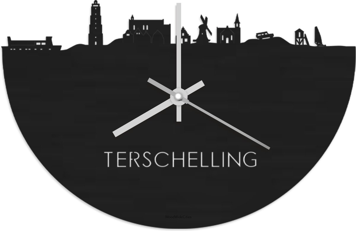 Skyline Klok Terschelling Zwart hout - Ø 40 cm - Stil uurwerk - Wanddecoratie - Meer steden beschikbaar - Woonkamer idee - Woondecoratie - City Art - Steden kunst - Cadeau voor hem - Cadeau voor haar - Jubileum - Trouwerij - Housewarming -