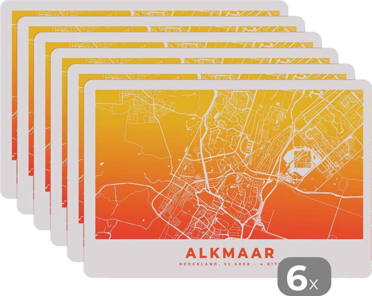 Placemat - Placemats kunststof - Stadskaart - Alkmaar - Geel - Nederland - 45x30 cm - 6 stuks - Hittebestendig - Anti-Slip - Onderlegger - Afneembaar