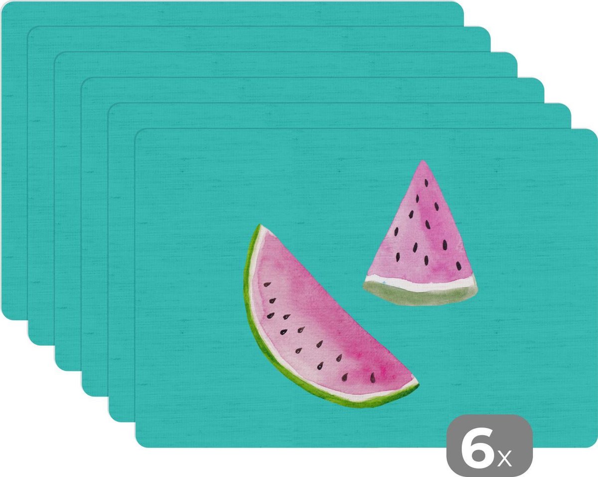Placemat - Placemats kunststof - Watermeloen - Fruit - Blauw - 45x30 cm - 6 stuks - Hittebestendig - Anti-Slip - Onderlegger - Afneembaar