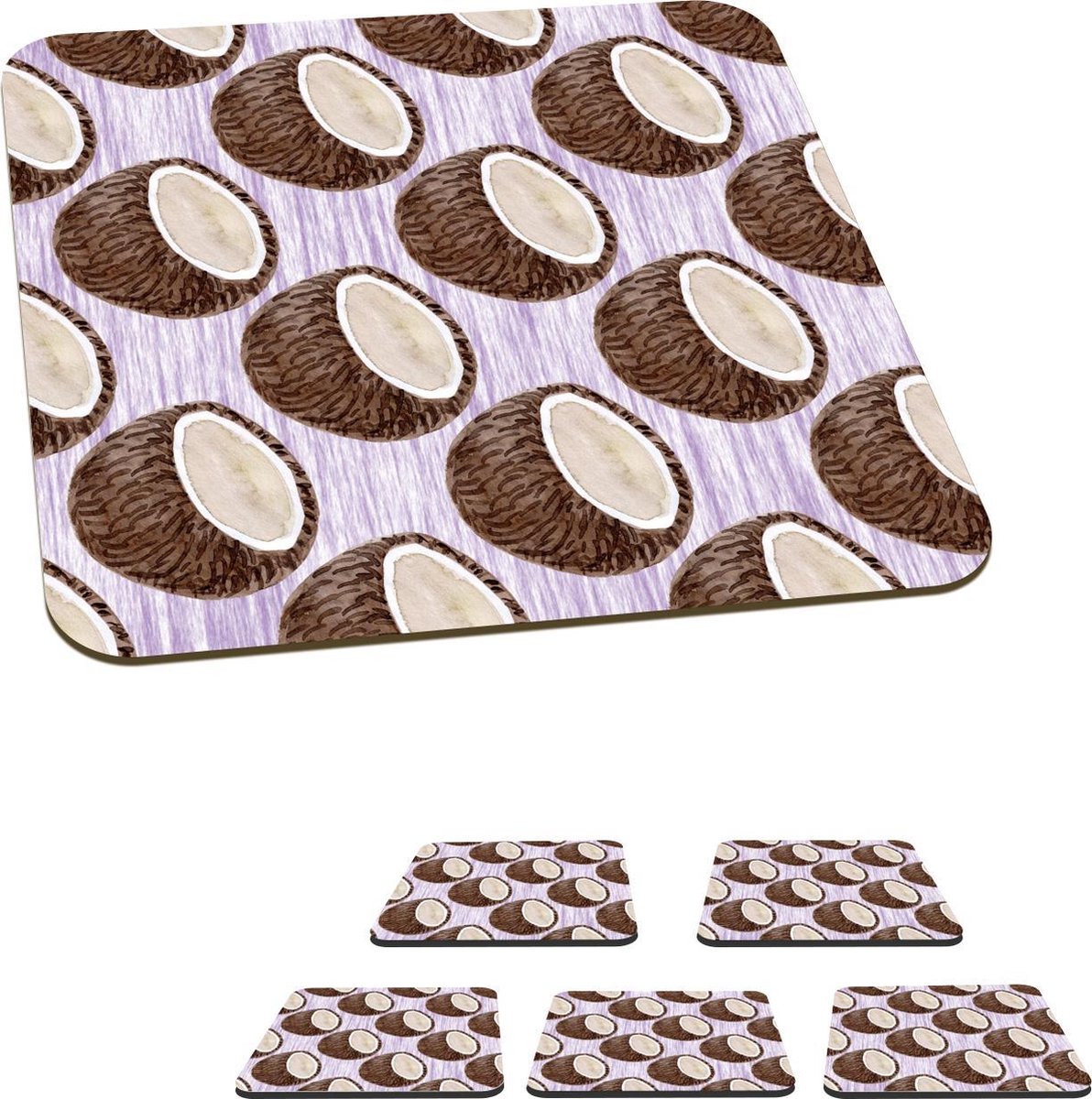 Onderzetters voor glazen - Kokosnoot - Paars - Wit - 10x10 cm - Glasonderzetters - 6 stuks