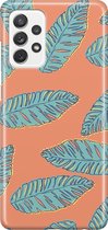 Samsung Galaxy A52 Telefoonhoesje - Premium Hardcase Hoesje - Dun en stevig plastic - Met Plantenprint - Tropische Blaadjes - Oranje