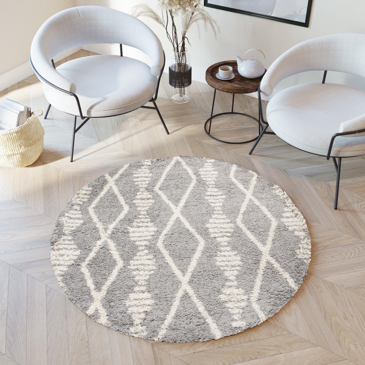 Tapiso Boho Vloerkleed Rond Grijs Beige Shaggy Bohemian Scandinavisch Slaapkamer Woonkamer Hal Grijs Beige1
