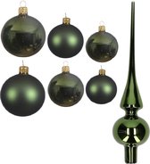 Groot pakket glazen kerstballen donkergroen glans/mat 50x stuks - 4-6-8 cm incl piek glans 26 cm