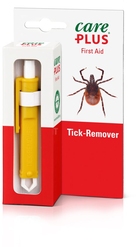 Gele tekentang in kartonnen verpakking met rode en witte accenten. De verpakking toont een afbeelding van een teek en de tekst 'Tick-Remover'.