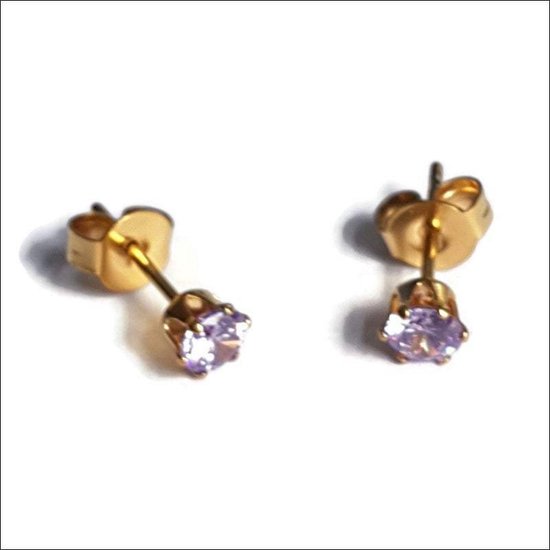 Aramat jewels ® - Zweerknopjes goudkleurig rond zirkonia lila chirurgisch staal 4mm