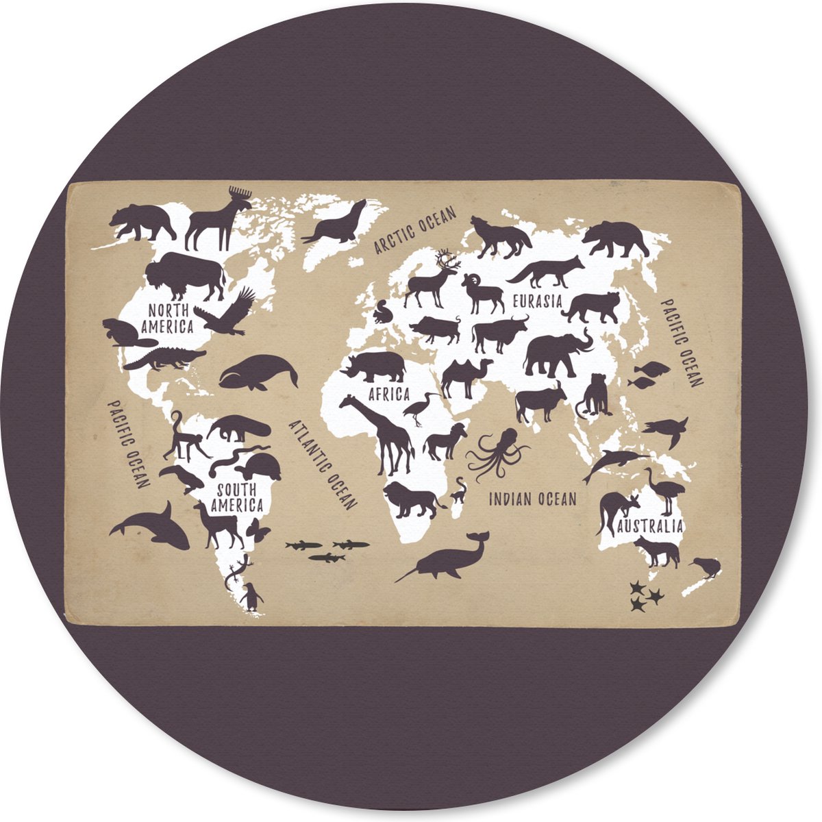 Muismat rond 30x30 cm - Mousepad Wereldkaart Kinderen - Wit - Bruin - Ronde muismatten