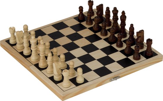Afbeelding van het spel Houten schaakbord opvouwbaar 26 x 26 cm inclusief schaakstukken