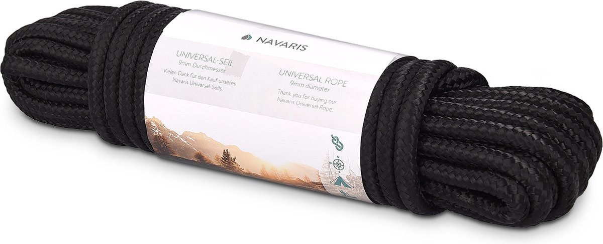 Navaris outdoor survival touw – 9 mm dik - 15m lang – Universeel slijtvast touw voor kamperen, vissen, hobby – Geen klimtouw - Zwart