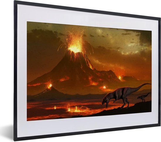 Fotolijst incl. Poster - Dino - Vulkaan - Lava - Illustratie - Kinderen - Jongens - Kids - 40x30 cm - Posterlijst