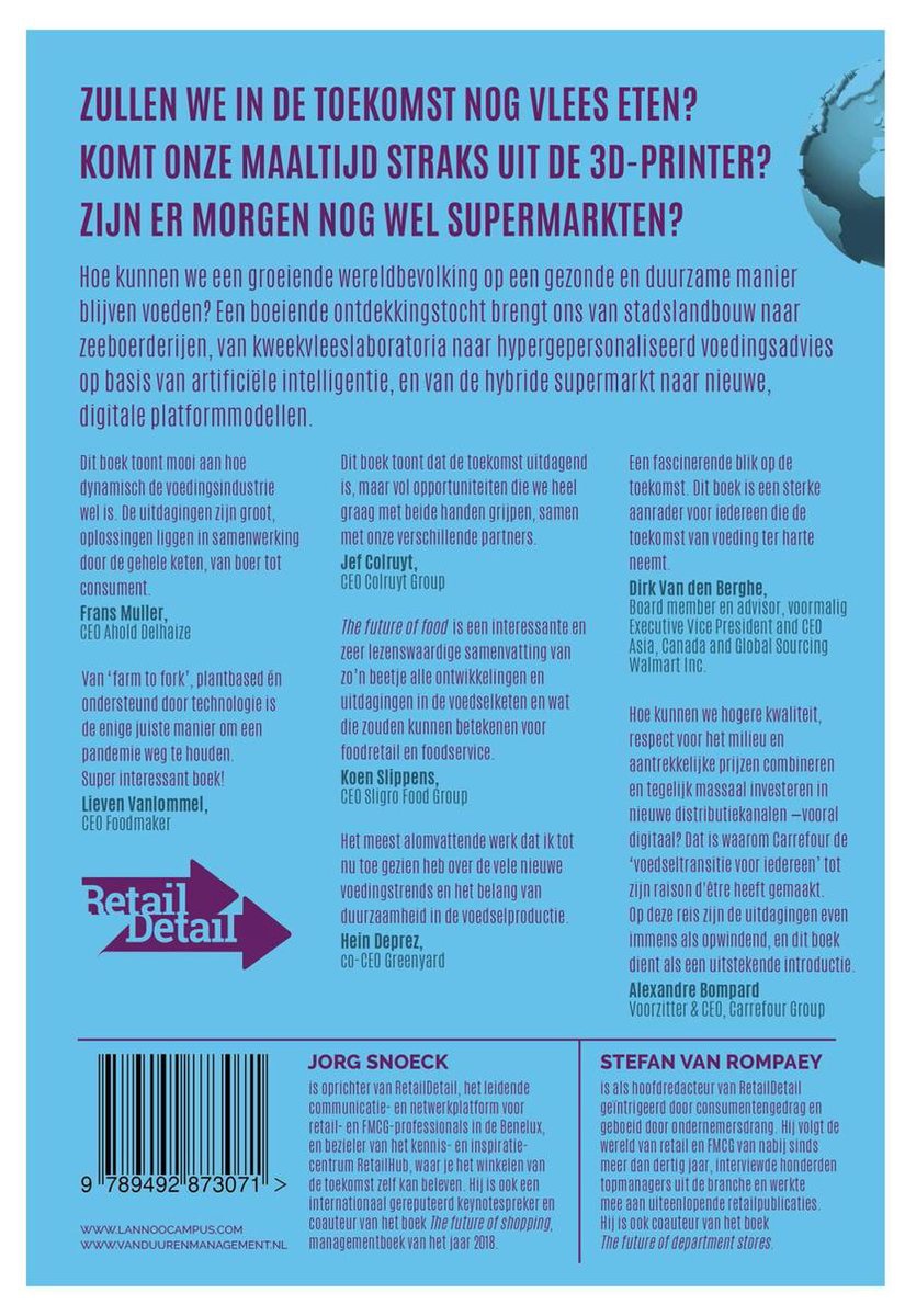 Boekomslag met titel "ZULLEN WE IN DE TOEKOMST NOG VLEES ETEN? KOMT ONZE MAALTIJD STRAKS UIT DE 3D-PRINTER? ZIJN ER MORGEN NOG WEL SUPERMARKTEN?"