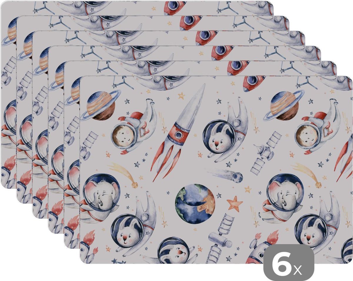 Placemat kinderen - Placemat - Placemats kunststof - Patronen - Konijn - Olifant - Jongens - Meisjes - Kinderen - 45x30 cm - 6 stuks - Hittebestendig - Anti-Slip - Onderlegger - Afneembaar
