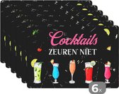 Placemat - Placemats kunststof - Cocktails - Cocktail glazen - Tekst - 45x30 cm - 6 stuks - Hittebestendig - Anti-Slip - Onderlegger - Afneembaar