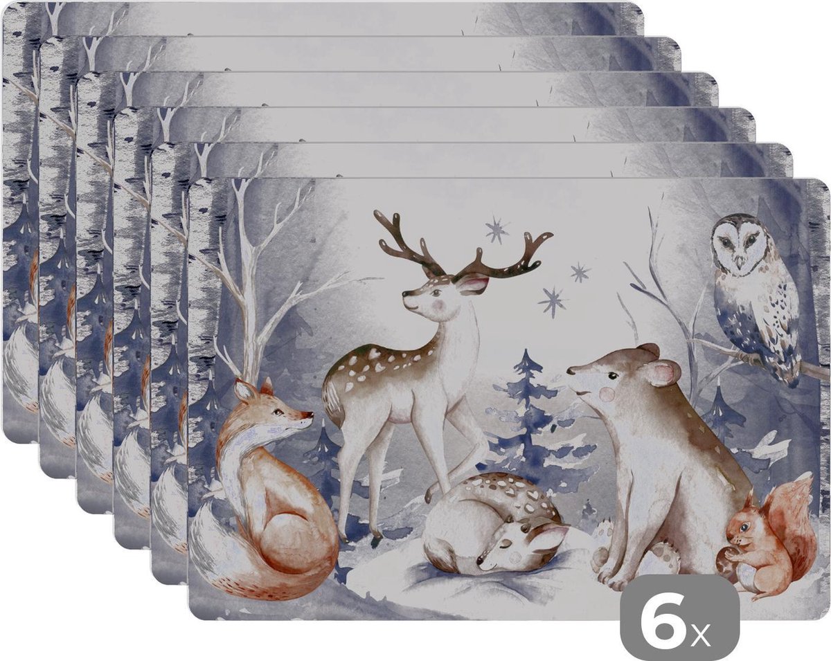 Placemat - Placemats kunststof - 45x30 cm - Winter - Dieren - Sneeuw - 6 stuks - Borden onderleggers antislip - Tafel decoratie - Luxe tafelversiering - Tafelmat vinyl - Bord onderlegger - Tafeldecoratie accessoires