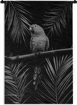 Wandkleed - Wanddoek - Vogel op een zwarte achtergrond met palmtakken - zwart wit - 60x90 cm - Wandtapijt