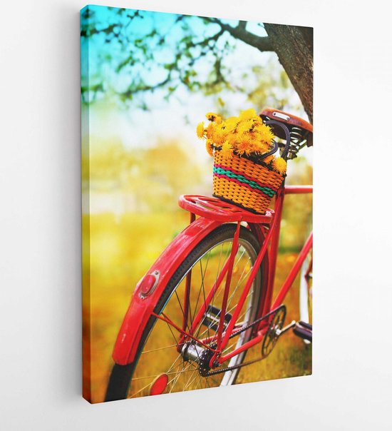Canvas schilderij - Vintage Bicycle with flowers on summer landscape background (toned picture) -  281101136 - 80*60 Vertical