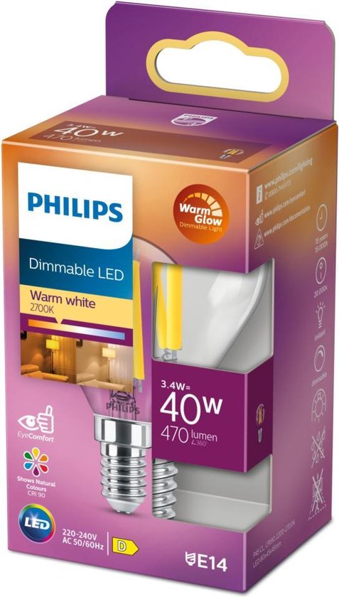 Philips LED Kogellamp Transparant - 40 W - E14 - Dimbaar warmwit licht