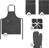 EM Kitchen Keukentextiel Set – Donkergrijs - 13-delig – 4 Theedoeken + 4 Keukendoeken + 2 Vaatdoeken + 2 Ovenwanten + 1 Keukenschort