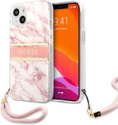 Roze hoesje van Guess - Hardcase Backcover - iPhone 13 Mini - Met Riem - Marble