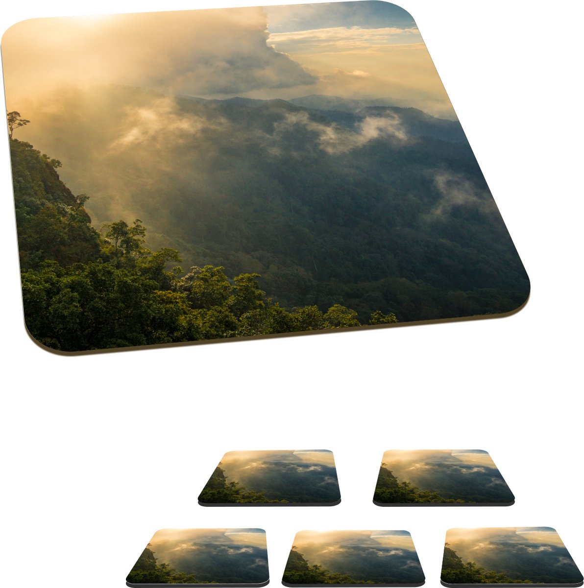 Onderzetters voor glazen - Zonneschijn en wolken boven Thaise jungle - 10x10 cm - Glasonderzetters - 6 stuks