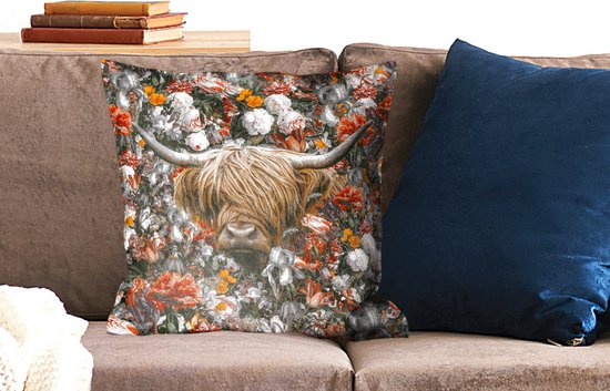 Coussins décoratifs - Oreillers Salon - 50x50 cm - Highlander écossais - Fleurs - Oranje